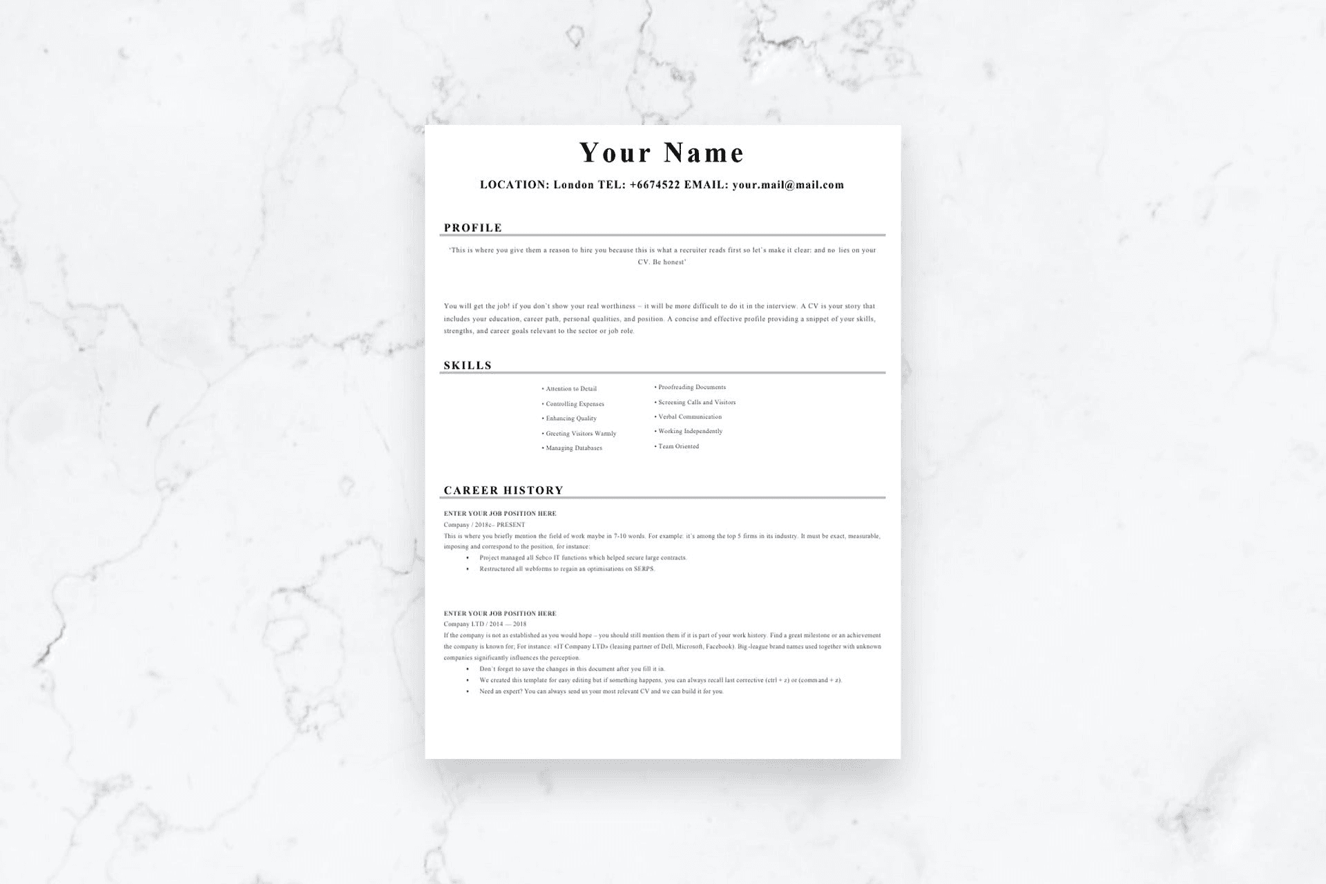 Studio Clear CV - 1-page layout