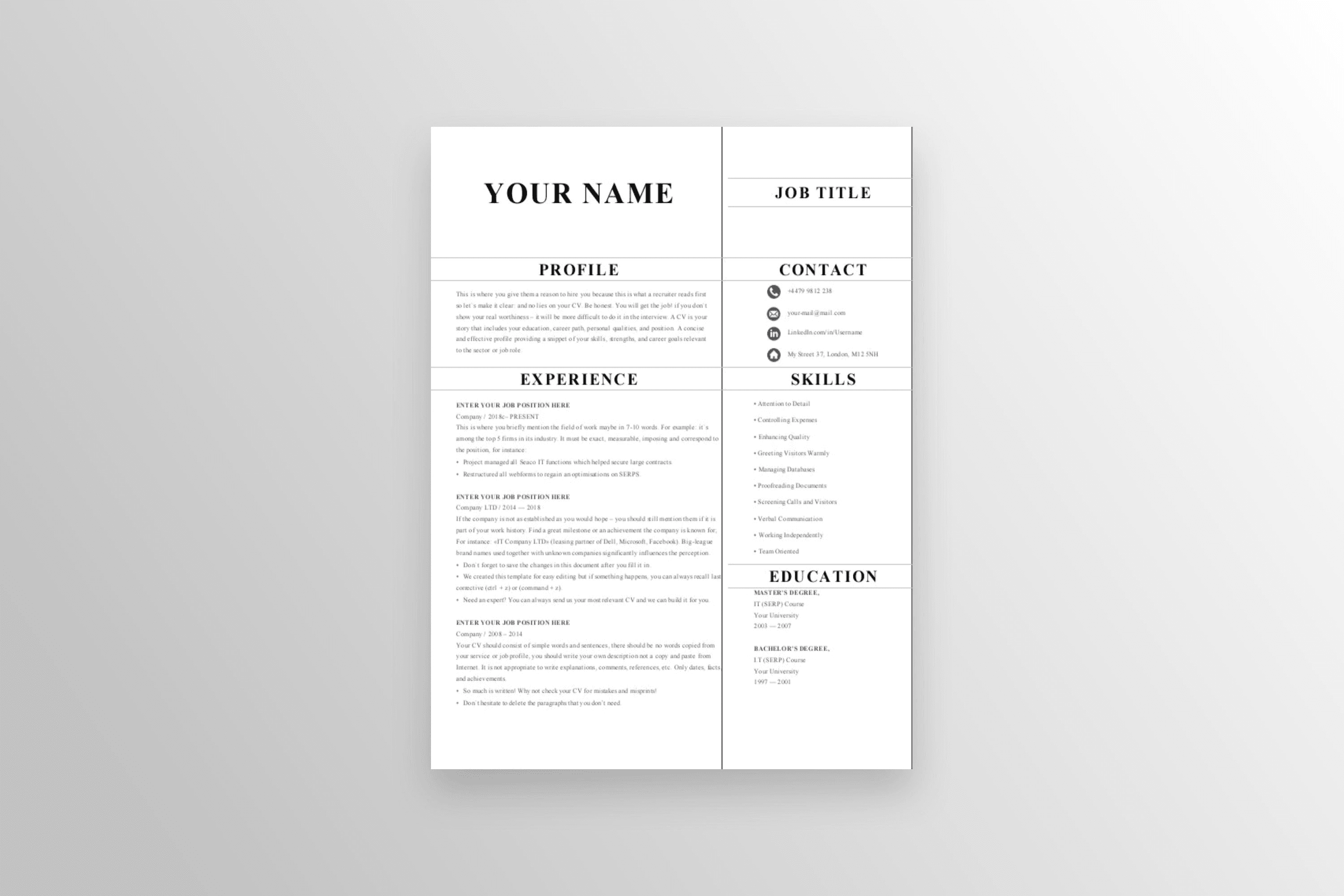 Studio Winning CV - 1-page layout